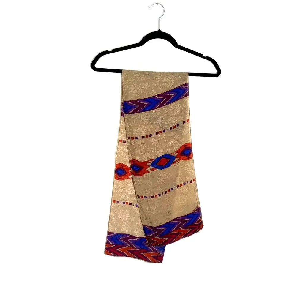 Vtg Albert Nipon Silk Scarf 10x52 Women Gold & Purple & Red Tribal Western Sheer - Picture 1 of 6